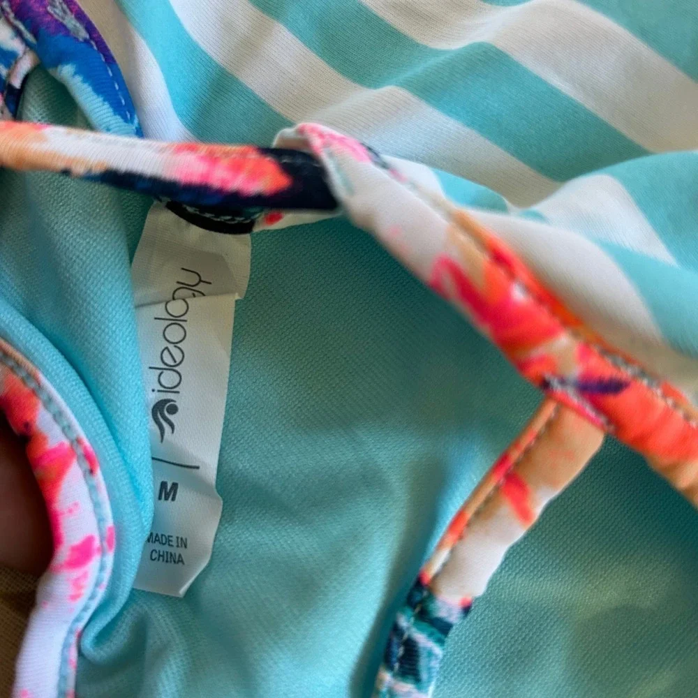 Ideology Big Girl's Striped Criss Cross Back Floral Trim Bikini Top Size M